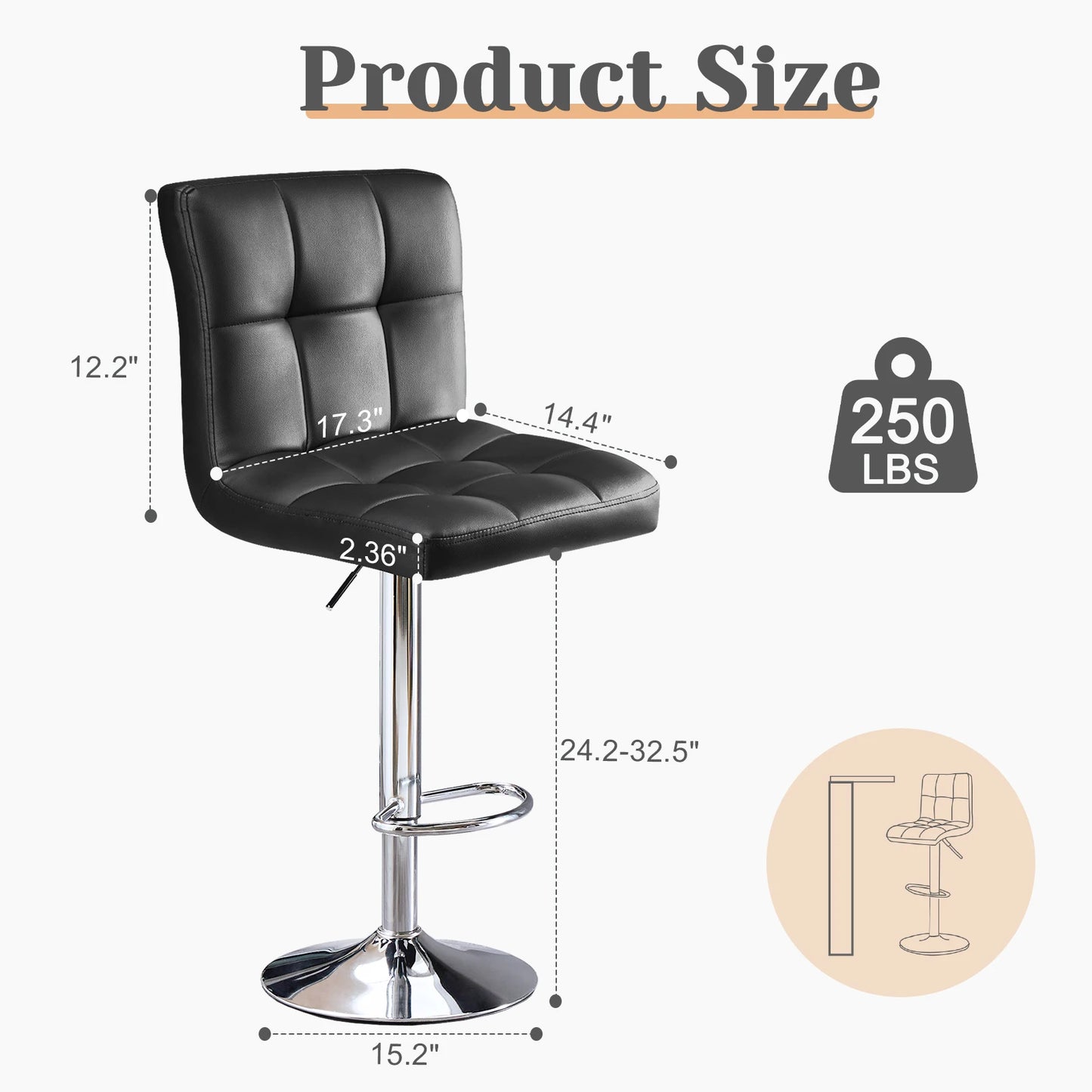 Leather Bar Stools Set of 2, Counter Height Bar Stools Backrest