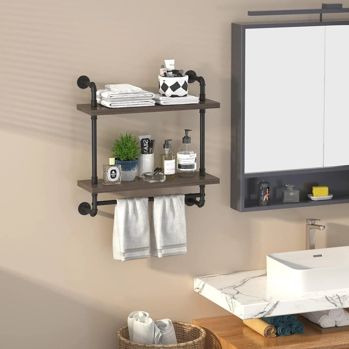 2-Tier Industrial Pipe Floating Shelves with Towel Bar, Wall-Mounted Storage Shelf (Gray, 24 Inch)