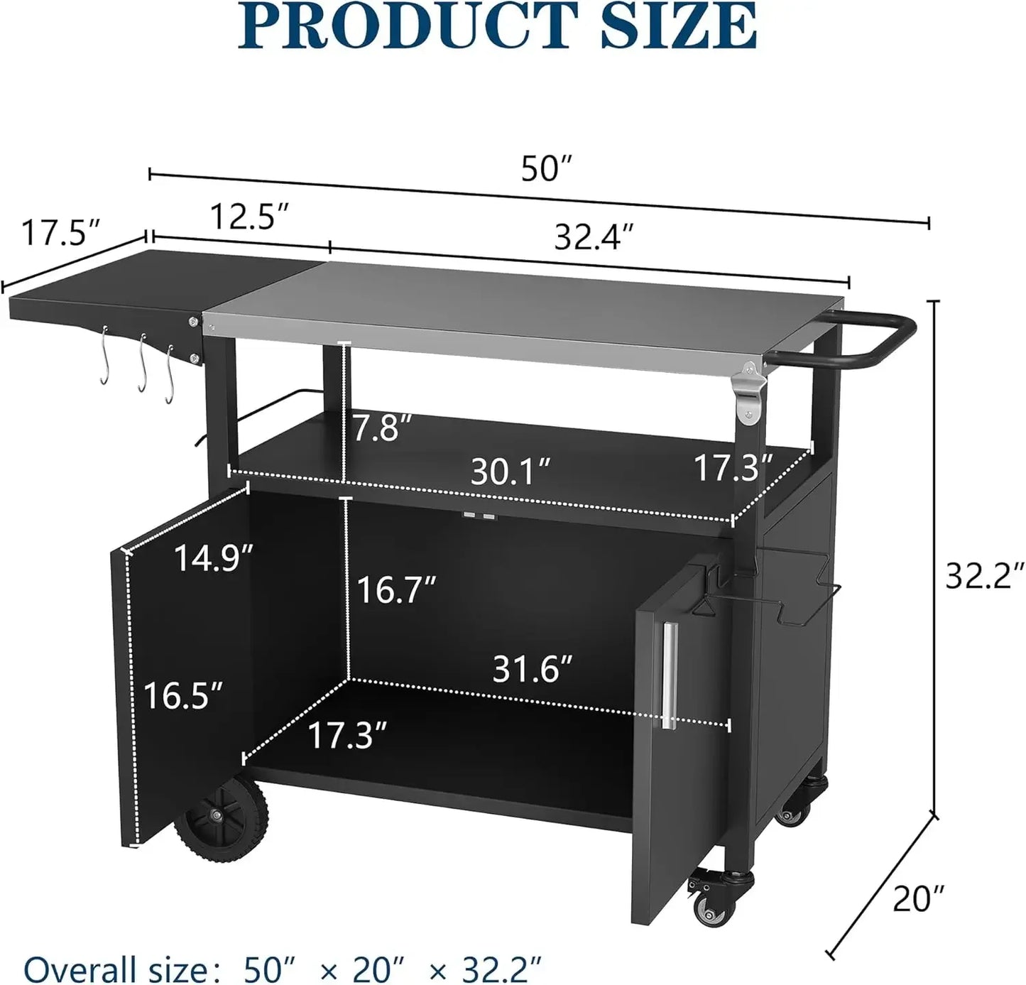 Outdoor Grill Cart with Storage, Table with Wheels, Pizza Oven Stand on wheels