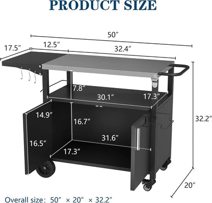 Outdoor Grill Cart with Storage, Table with Wheels, Pizza Oven Stand on wheels