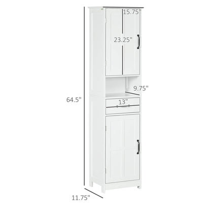 Slim Bathroom Storage Cabinet, Linen Tower with Open Shelf, Drawer, Recessed Doors