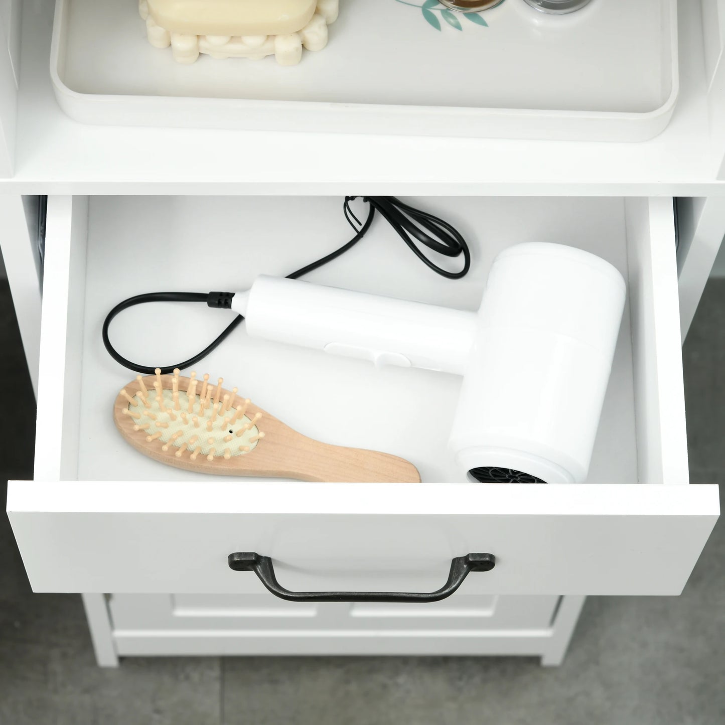 Slim Bathroom Storage Cabinet, Linen Tower with Open Shelf, Drawer, Recessed Doors