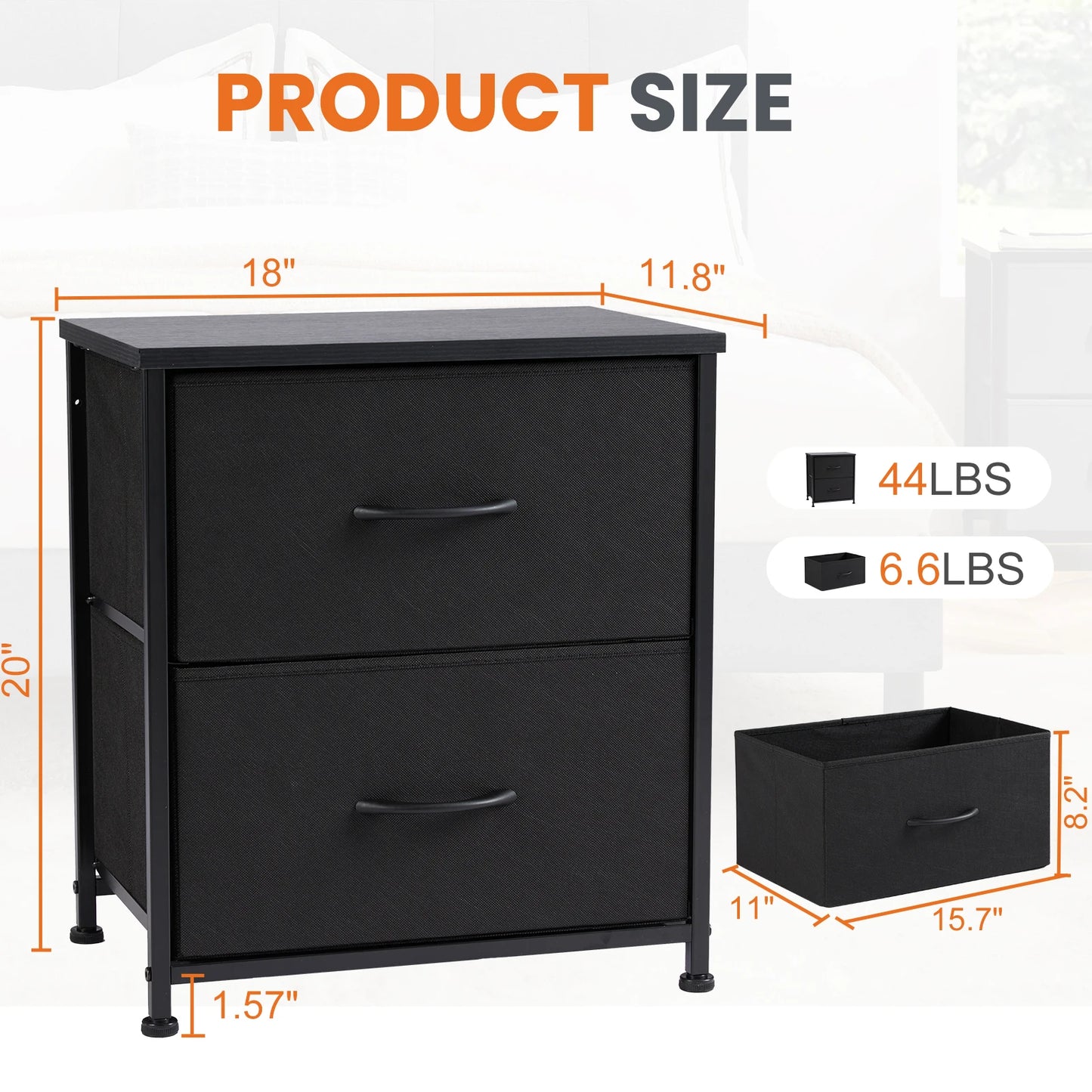 Nightstand Bedside 2 Fabric Drawer Lightweight