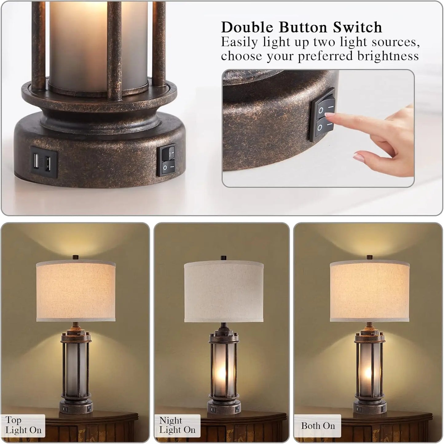 Rustic Farmhouse Table Lamp Set with USB Ports, Night Light, and 4 Bulbs Included
