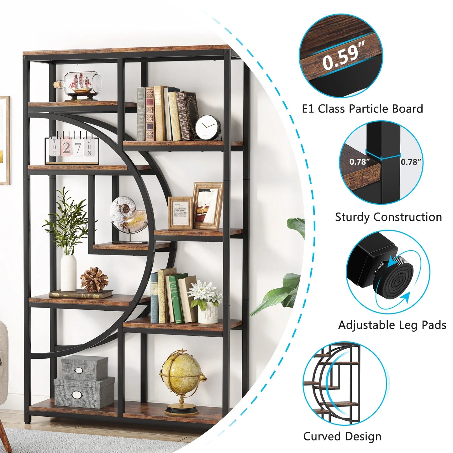 Bookshelf Industrial 5 Tier, Freestanding Tall Shelf Storage Organizer