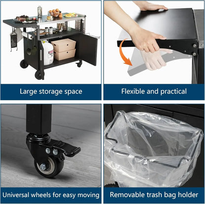 Outdoor Grill Cart with Storage, Table with Wheels, Pizza Oven Stand on wheels