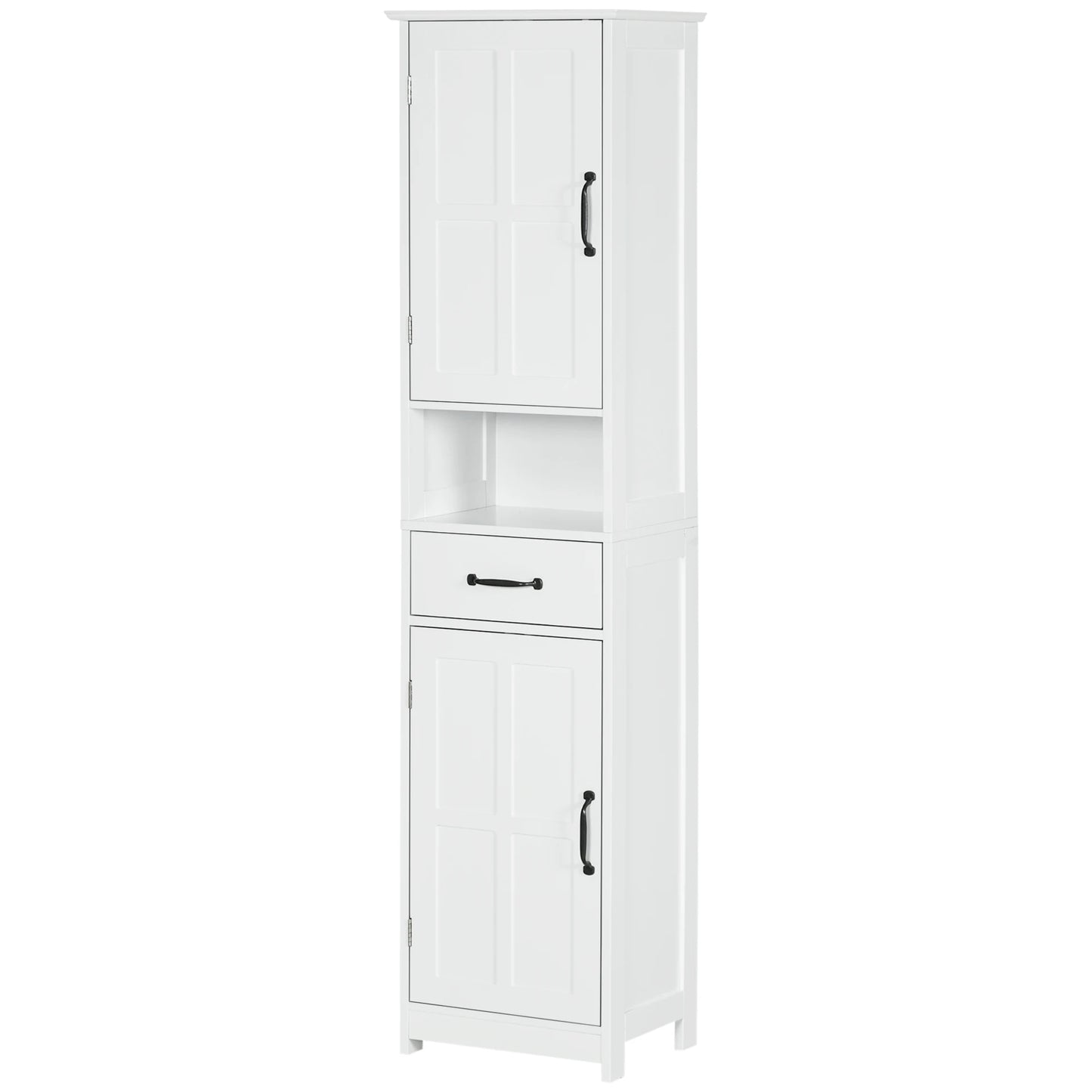 Slim Bathroom Storage Cabinet, Linen Tower with Open Shelf, Drawer, Recessed Doors