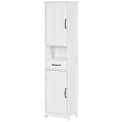 Slim Bathroom Storage Cabinet, Linen Tower with Open Shelf, Drawer, Recessed Doors