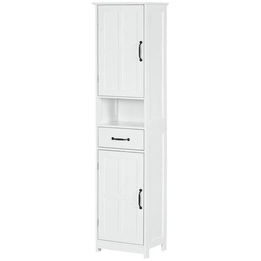 Slim Bathroom Storage Cabinet, Linen Tower with Open Shelf, Drawer, Recessed Doors