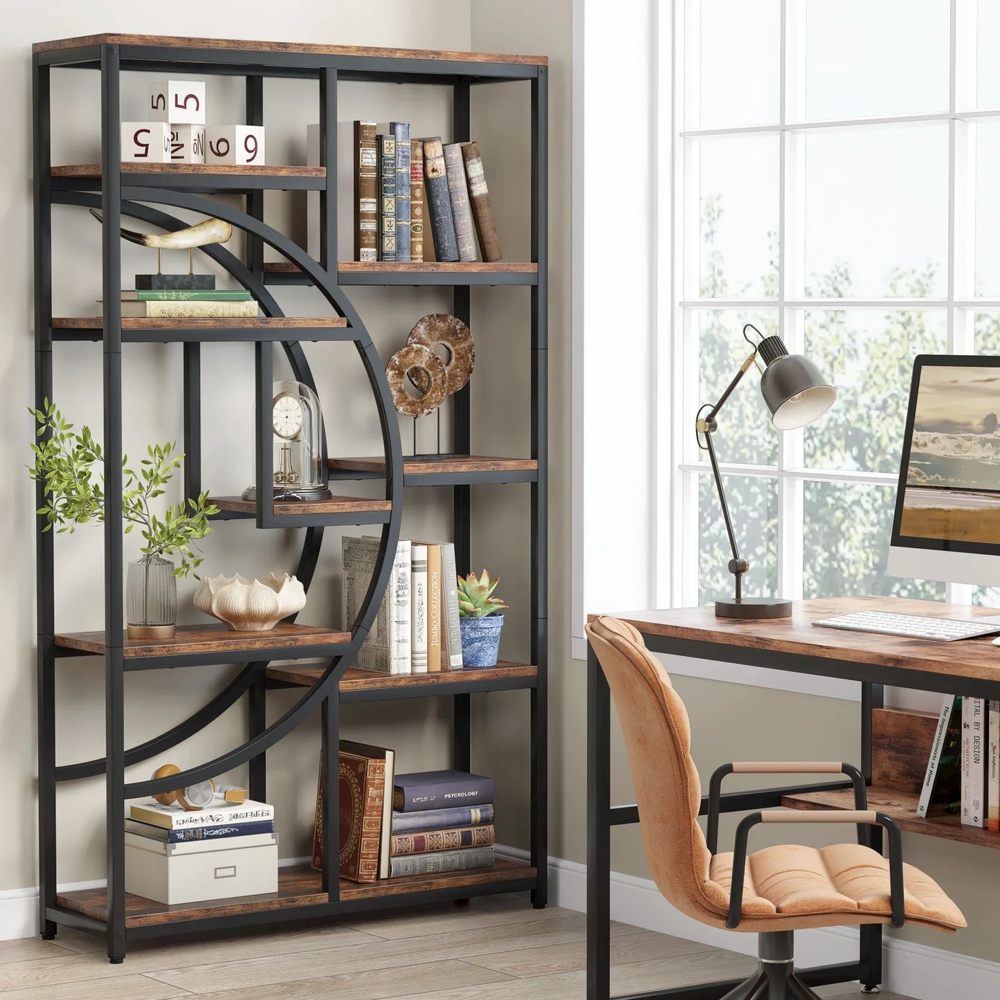 Bookshelf Industrial 5 Tier, Freestanding Tall Shelf Storage Organizer