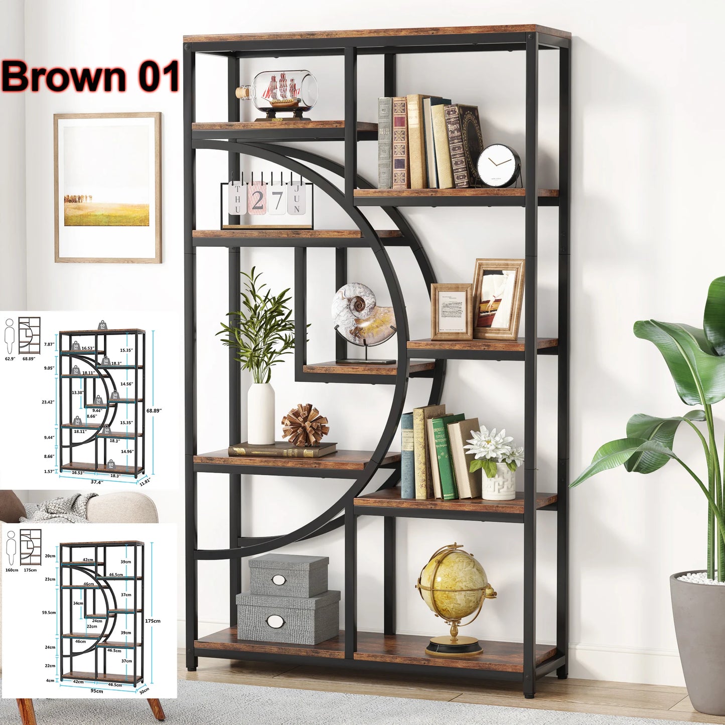 Bookshelf Industrial 5 Tier, Freestanding Tall Shelf Storage Organizer