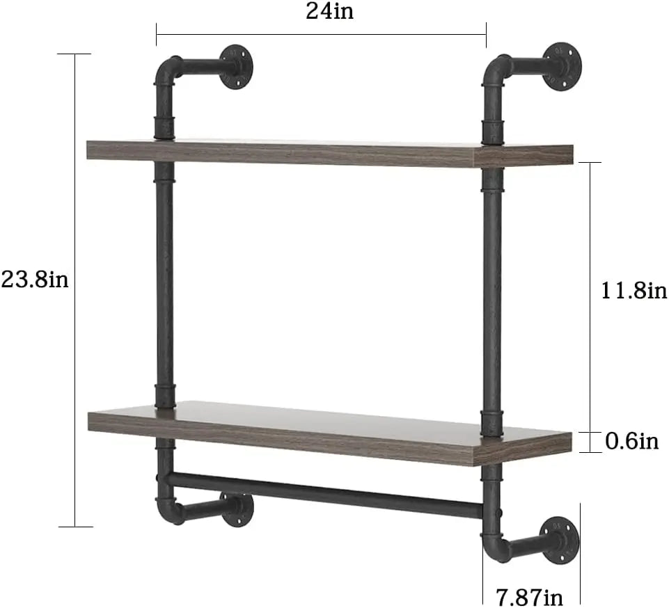 2-Tier Industrial Pipe Floating Shelves with Towel Bar, Wall-Mounted Storage Shelf (Gray, 24 Inch)