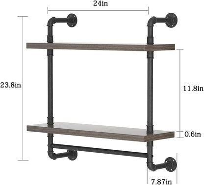 2-Tier Industrial Pipe Floating Shelves with Towel Bar, Wall-Mounted Storage Shelf (Gray, 24 Inch)