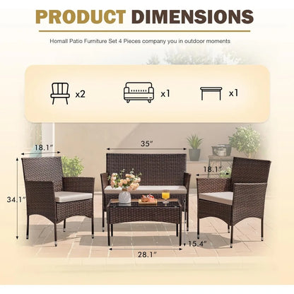 4 Pieces Outdoor Patio Furniture Sets Rattan Chair Wicker Set