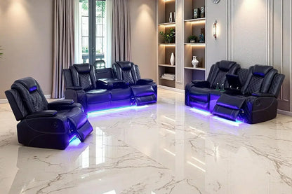 Power Recliner Sofa Set, Black Leather 3 Pieces Sectional Couch, Living Room Furniture Sets with LED Light