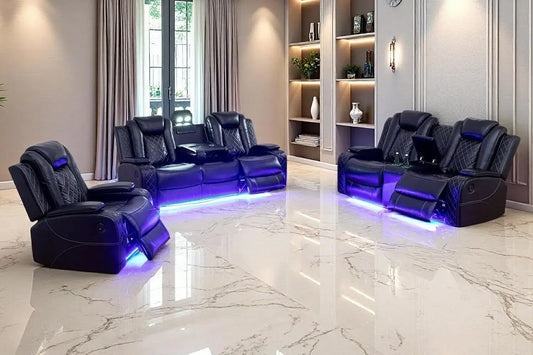 Power Recliner Sofa Set, Black Leather 3 Pieces Sectional Couch, Living Room Furniture Sets with LED Light