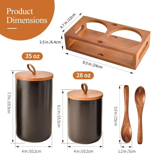 Ceramic Canister Set of 2 with Bamboo Lids, Wooden Stand amp Spoons 35oz amp 28oz Airtight Food Storage Jars